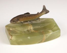 An Art Deco cold painted bronze and onyx ashtray, modelled with a trout atop an onyx base with