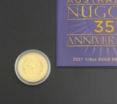 A 2021 Australian nugget 35th anniversary gold proof coin, within protective clear plastic case,