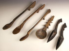Six Northern Pakistan Kalash people carved wooden spoons, of various shapes and sizes, the largest