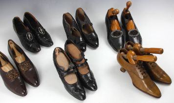 A collection of six pairs of leather ladies shoes, circa 1910-1920, to include a pair of black glace