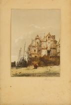 Continental school (19th century), A harbour scene at low tide, Watercolour on paper, Unsigned,