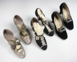 Three pairs of ladies shoes, circa 1930-1940, comprising; a pair of grey leather ladies court