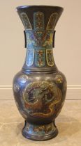 A large Japanese bronze and enamel floor standing vase, 19th century, of baluster form and decorated