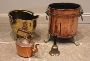 A Victorian copper and brass coal bucket, dated 1846, of cylindrical form with lion's mask drop ring