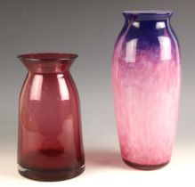 A Monart Studio glass vase, 20th century, the body in purple and pink colourways, converted to a