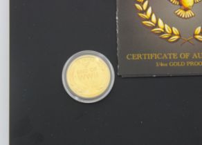 A gold proof coin commemorating the 75th anniversary of the end of World War II, the coin within