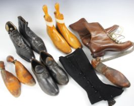 A collection of Edwardian Gentleman's shoes last, together with a pair of 19th century leather