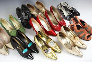 Eleven pairs of assorted ladies shoes, circa 1960's, to include a pair of ivory satin court shoes by