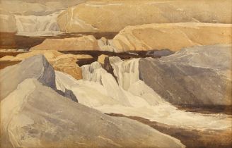 English school (20th century), A white water river landscape, Watercolour on paper, Monogrammed 'JH'