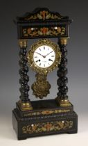 A French ebonised eight day portico clock, signed 'F.L Hasuberg, Paris', mid to late 19th century,