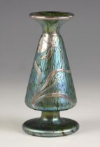 A Loetz style iridescent glass papillon vase, 20th century, of footed conical form, the body