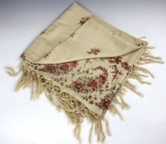 A Chinese silk ivory double-sided shawl, early 20th century, embroidered with floral sprays, 150cm
