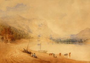 Anthony Vandyke Copley Fielding (British, 1787–1855), Cattle and boats on the bank of a lake, Waterc