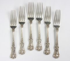 A set of six Tiffany and Co sterling silver King pattern forks, of typical form with mono