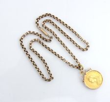 A Victorian full sovereign, dated 1887, within a yellow metal pendant mount upon associated trace