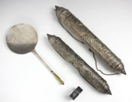 A group of silver coloured items, including two parchment scroll holders, of cylindrical form with