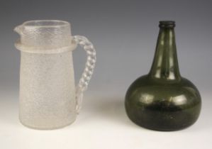 A glass water jug, late 19th century, of tapered cylindrical form, the body with a cracked ice