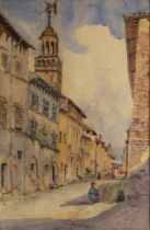 Continental school (20th century), A town street with children, Watercolour on paper, Unsigned, 54.