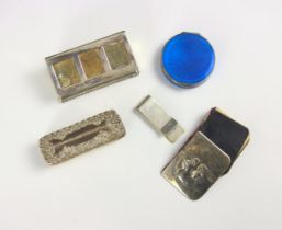 A selection of silver items, including a Victorian silver triple stamp holder, indistinct makers