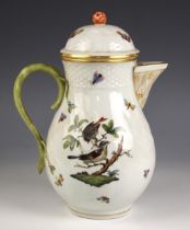 A Herend porcelain coffee pot and cover, 20th century, the body decorated with ornithological