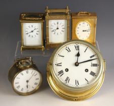 A German brass cased bulk head clock, by Schatz, 13cm dial, with a two train movement, a brass cased