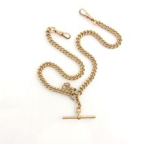 A 9ct yellow gold albert chain, the curb links stamped '9.375' suspending two lobster fasteners