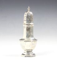 A George V silver sugar sifter, Walker and Hall, Sheffield 1928, the pierced pull off cover above