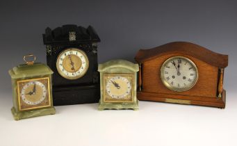 A Victorian slate mantel timepiece, of architectural form, with 11cm dial and single train