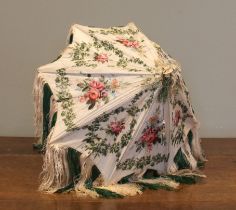 A mid Victorian folding carriage parasol, with ivory polychrome chine mount with deep lavender and