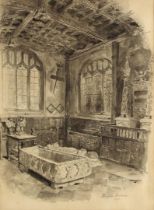 Hanslip Fletcher (British, 1874-1955), A crypt interior with open sarcophagus, Monochrome