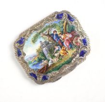 A continental white metal and enamel box, the shaped hinged cover with enamel scene to centre
