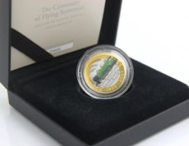 A 2023 £2 silver proof coin celebrating the Centenary of Flying Scotsman, within clear plastic