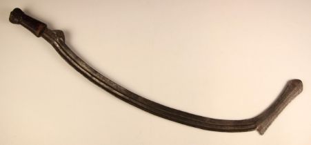 A Congo Azande/Boa sickle shaped knife, 19th century, the curved blade with stepped fuller and set