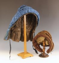 A Georgian blue glazed cotton calash, with a circa 1850 brown silk bonnet, gathered over cane