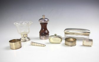 A selection of silver and silver coloured items, including a George V silver mounted dressing