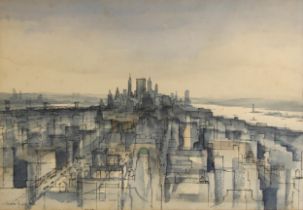 Theodore Hancock (British/American 1923-1989), A New York City skyline, Pen, ink and watercolour
