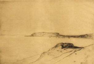 English school (20th century), A coastal scene with distant yachts, Etching on paper, Indistinctly