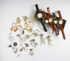 A selection of costume jewellery and watches, including gold plated curb link chain, a gold coloured