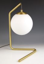 A Heal's 'Serenity' table lamp, the shaped brass frame suspending a sandblasted glass shade, 40cm