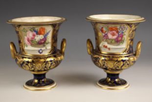 A pair of Royal Crown Derby campana urns, late 18th/early 19th century, each of twin handled form,