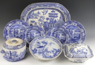 A collection of assorted blue and white transfer printed dinner wares, including Copeland Spode's '