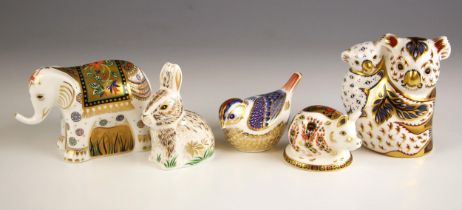 Five Royal Crown Derby paperweights, comprising: a koala and cub (heptagonal gold stopper), Infant