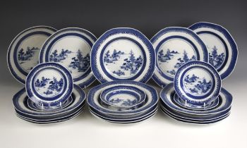 A Chinese export porcelain blue and white part dinner service, Qianlong (1736-1795), comprising;