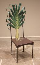 A novelty painted iron leek chair, late 20th century, the back rest modelled as a leafy leek,