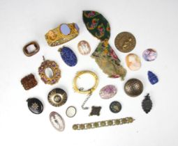 A selection of costume jewellery, including gilt metal banded agate set bangle, of openwork form