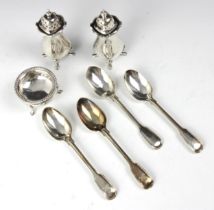 A selection of silver items, including a set of four Victorian silver fiddle pattern teaspoons,