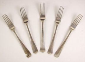 A pair of white metal Hanoverian pattern table forks, possibly French, stamped to stem, 20cm long,