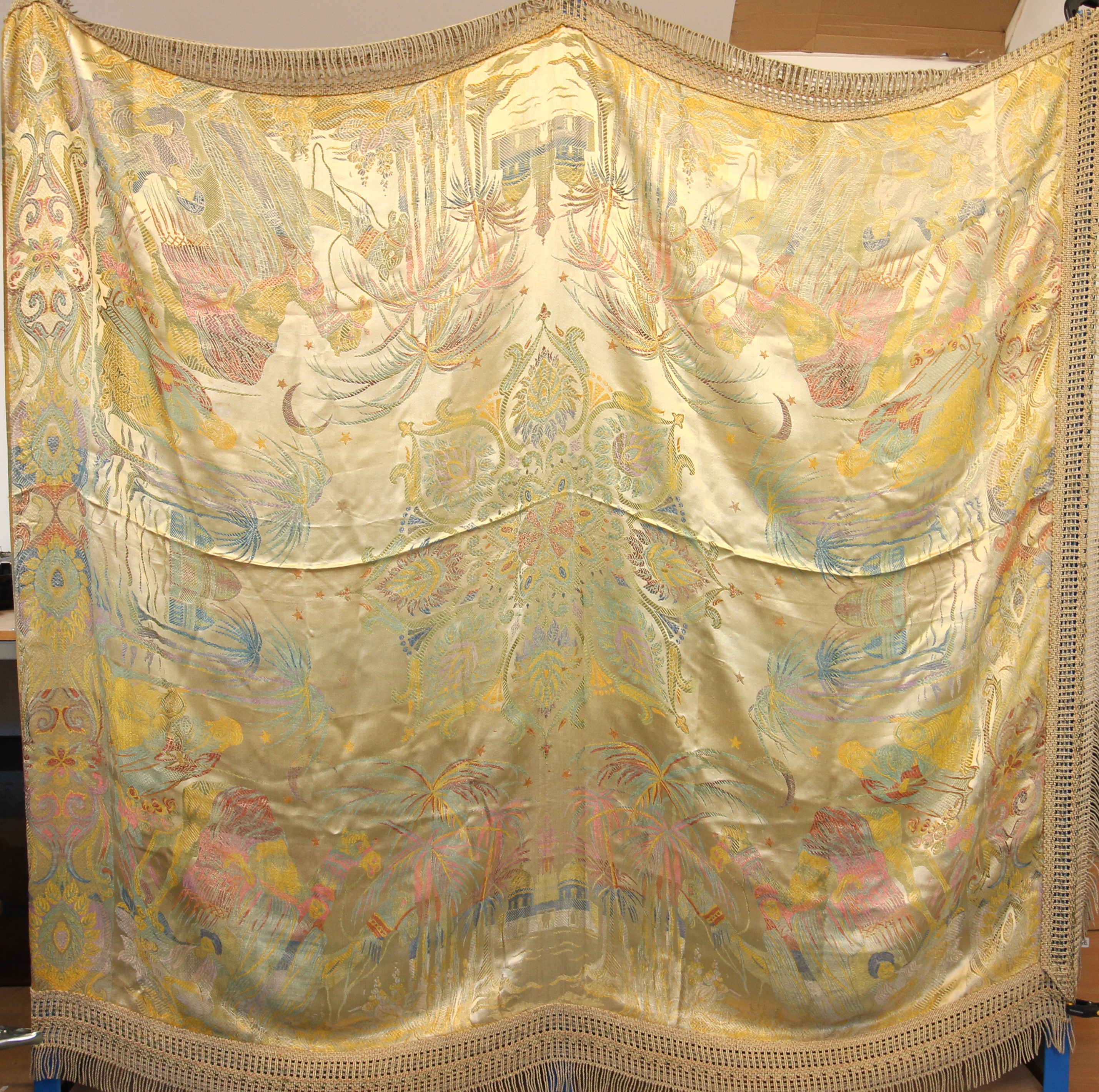 A satin bed cover, possibly 1920s, the Egyption polychrome woven design with macrame type fringe - Image 4 of 4