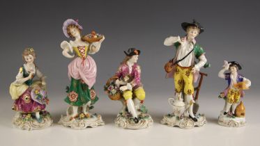Five Chelsea style porcelain figures, 19th century and later, each with gilt anchor mark verso,