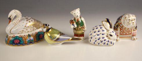 Five Royal Crown Derby paperweights, comprising: a rabbit (gold stopper), a great tit (gold